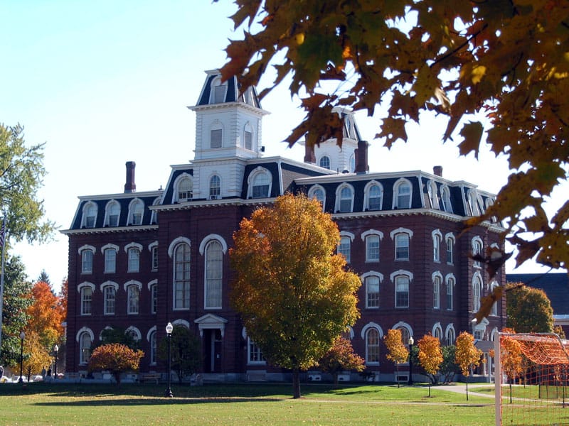 College Hall, Montpelier, Vermont, framed by fall foliage.