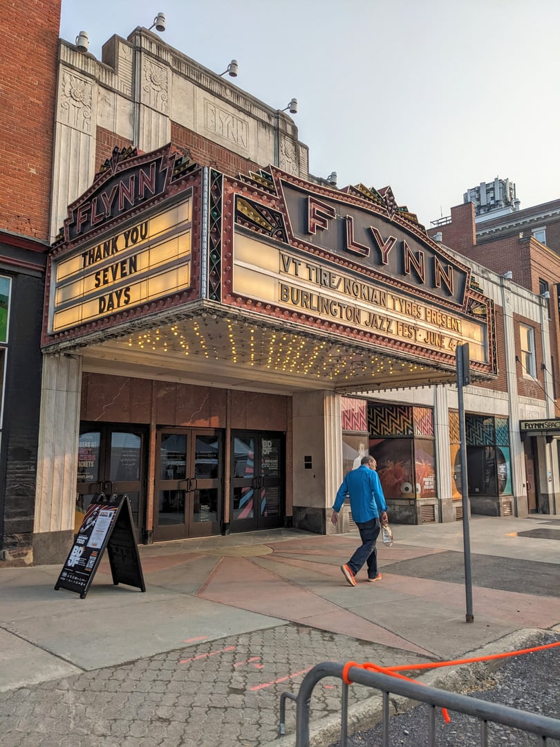 Art Deco marquee and entrance of the Flynn Center for the Performing Arts on Main Street in Burlington, Vermont