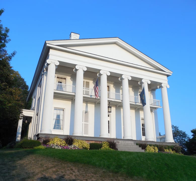 Greek Revival facade of the 1840 Follett House at 69 College Street, Burlington, Vermont
