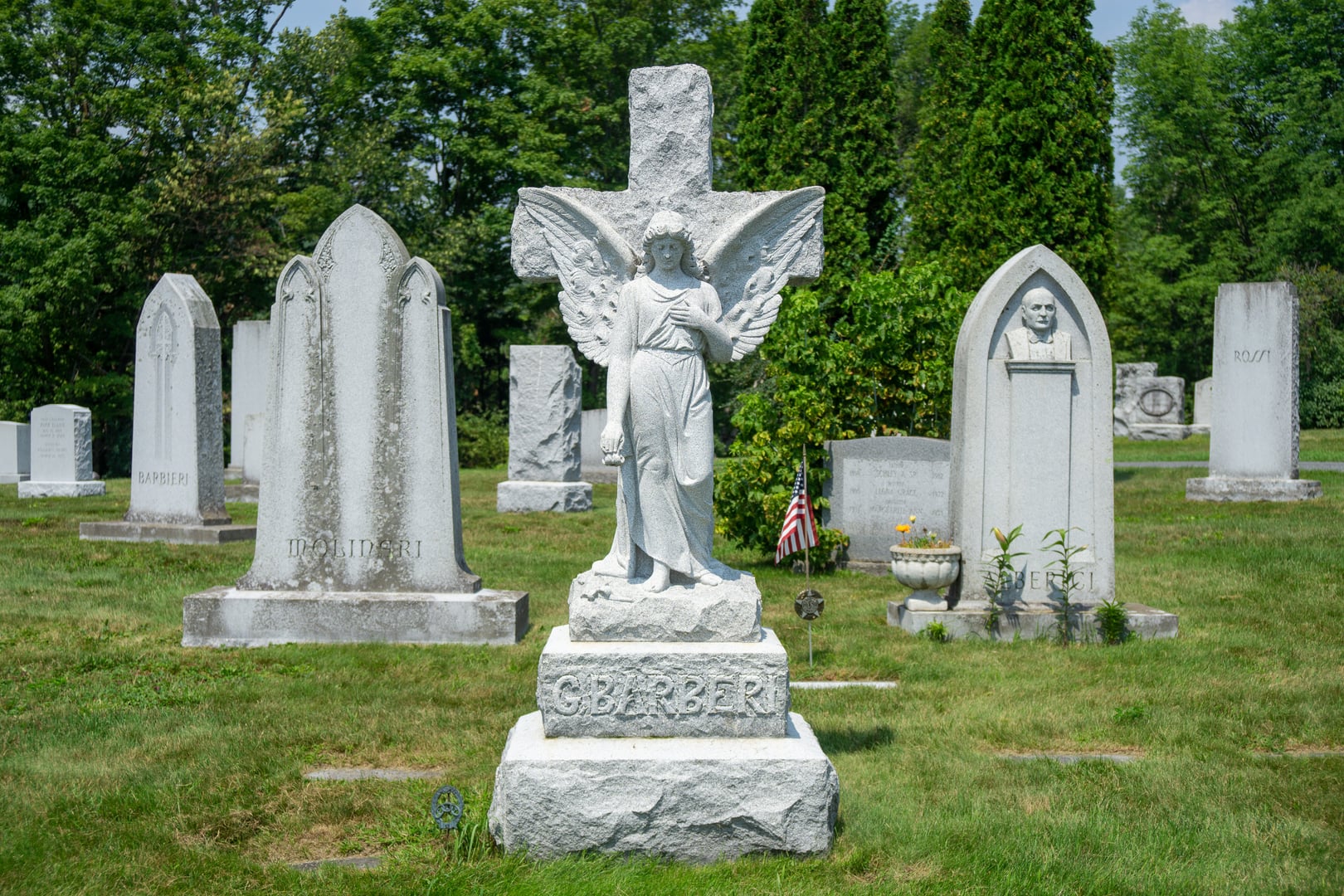 Granite monuments at Hope Cemetery in Barre, Vermont, carved by local stonecutters