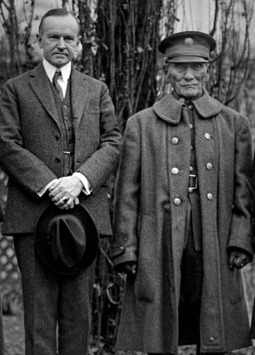 President Calvin Coolidge greets U.S. Army Sgt. I-See-O of the Kiowa in the Rose Garden of the White House in January 1925. Sgt. I-See-O was the last active duty Indian Scout in the U.S. Army.