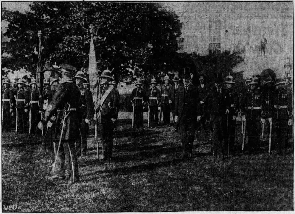 Canadian Troops on the south lawn of the White House with President Calvin Coolidge and Canadian Minister Vincent Massey, in "The Baltimore Sun" on November 14, 1927, via Newspapers.com.