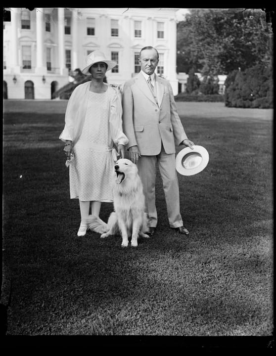 Title: President Coolidge and Mrs. Coolidge with dog outside White House, Washington, D.C.
Abstract/medium: 1 negative : glass ; 4 x 5 in. or smaller