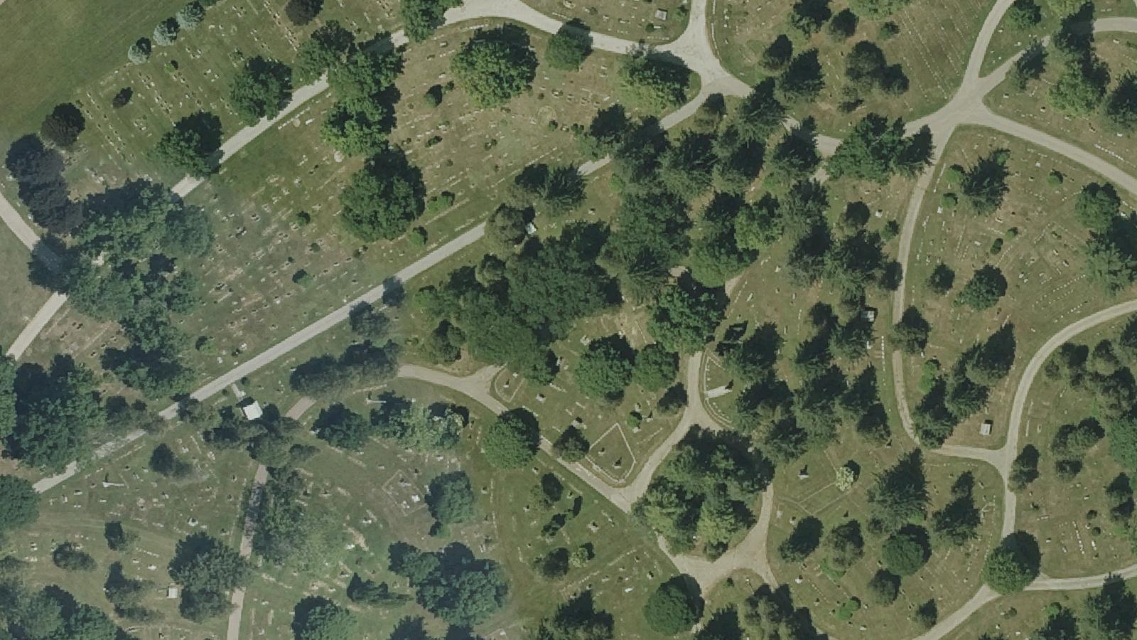 Aerial survey view of Lakeview Cemetery & Louisa Howard Chapel