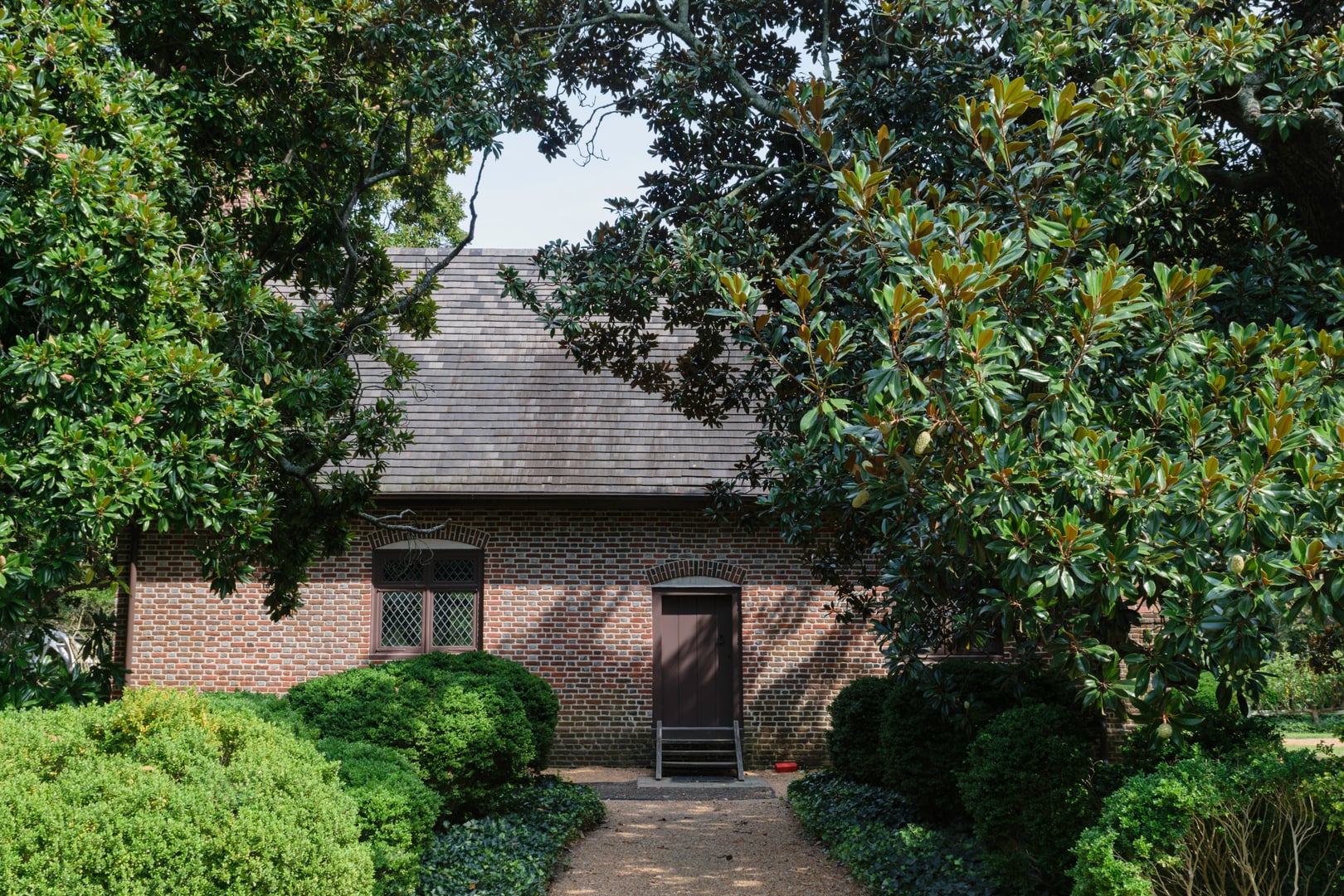 West facade of the Adam Thoroughgood House, a c. 1719 brick colonial structure in Virginia Beach Virginia
