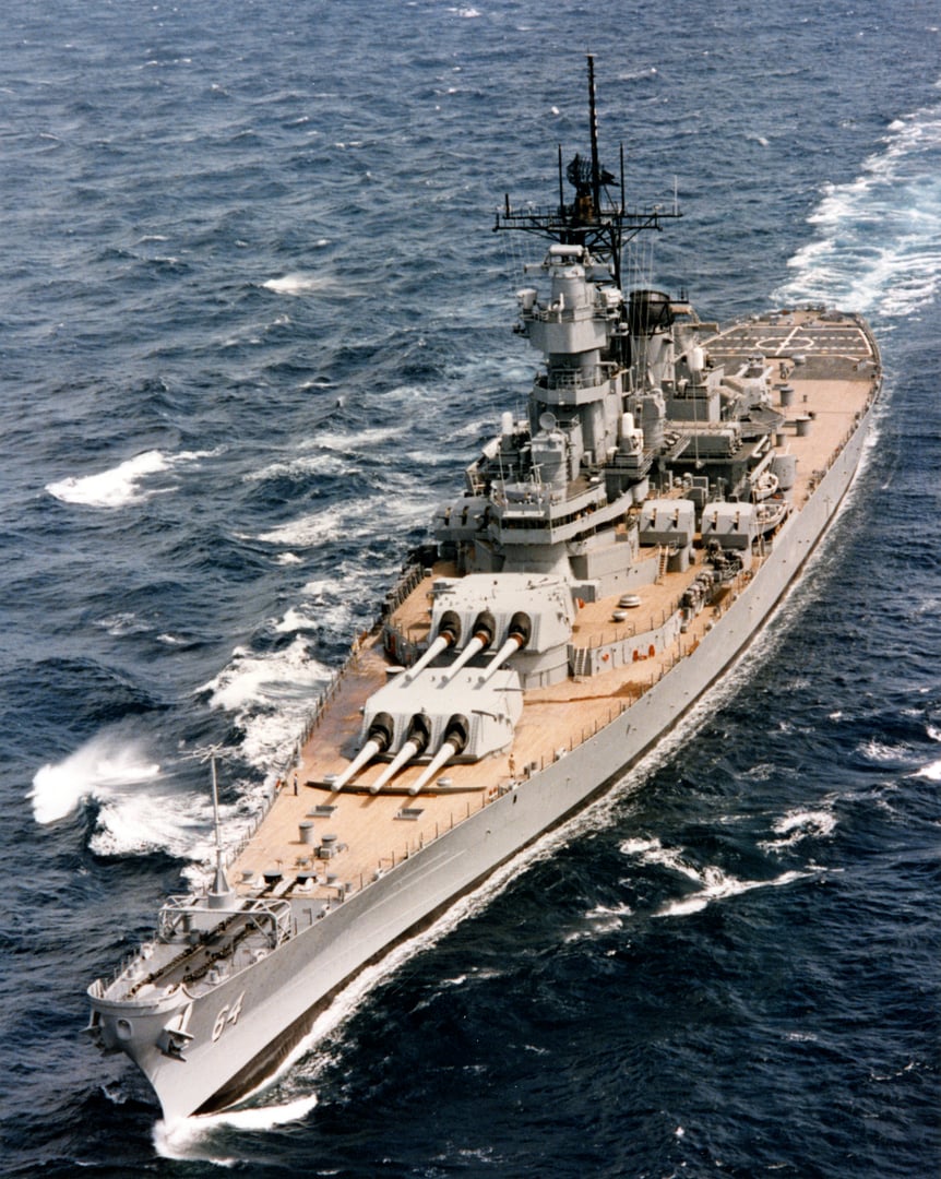 USS Wisconsin (BB-64), the Iowa-class battleship now permanently berthed as a museum ship at Nauticus in downtown Norfolk, Virginia.