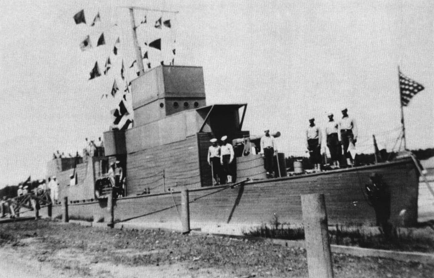 Historic c.1945 U.S. Navy training photograph of the 'Miss Never Sail' mock destroyer escort at Camp Peary, Virginia