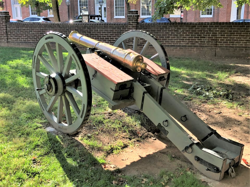 A period cannon displayed on the grounds of Carlyle House Historic Park, Alexandria, Virginia, 2021 -- the house served as General Braddock's headquarters for the 1755 Congress of Alexandria that opened the French and Indian War.