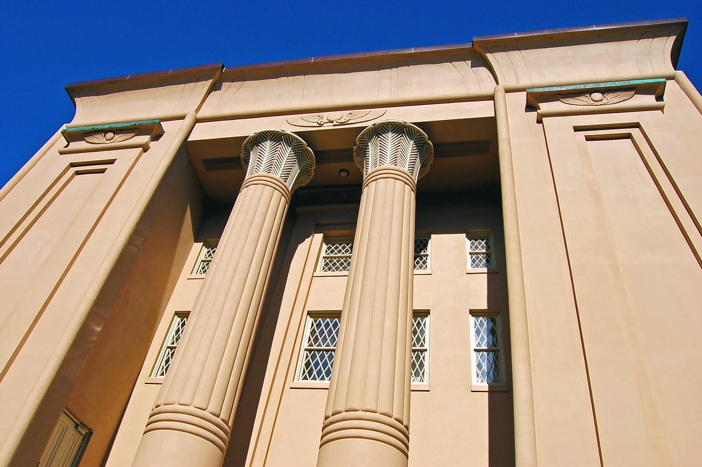 Exterior of the Egyptian Building (1845), an Egyptian Revival landmark on the VCU MCV campus in Richmond