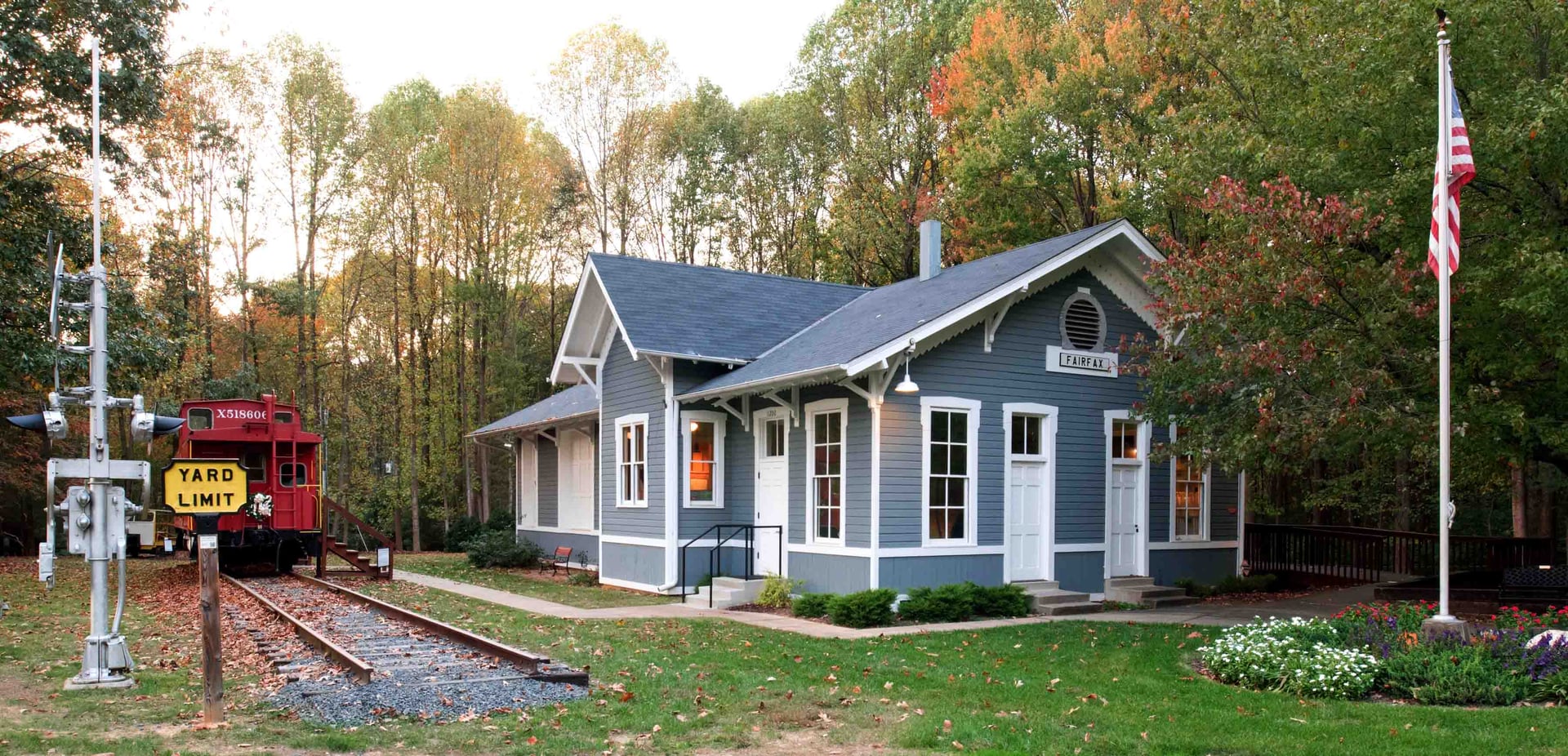 The Fairfax Station Railroad Museum building in Fairfax Station, Virginia — a 1987 reconstruction of the 1852 Orange & Alexandria depot where Clara Barton helped evacuate 3,500 Union casualties in 1862