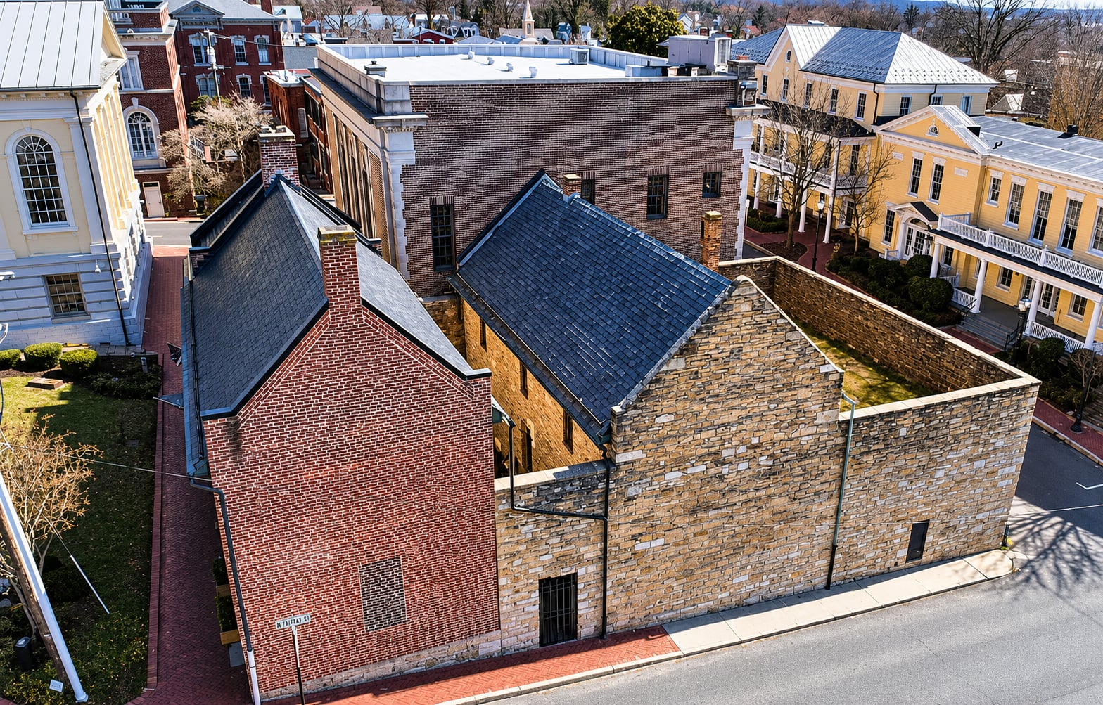 Stone facade of the 1808 Old Fauquier County Jail on Ashby Street in Warrenton, Virginia