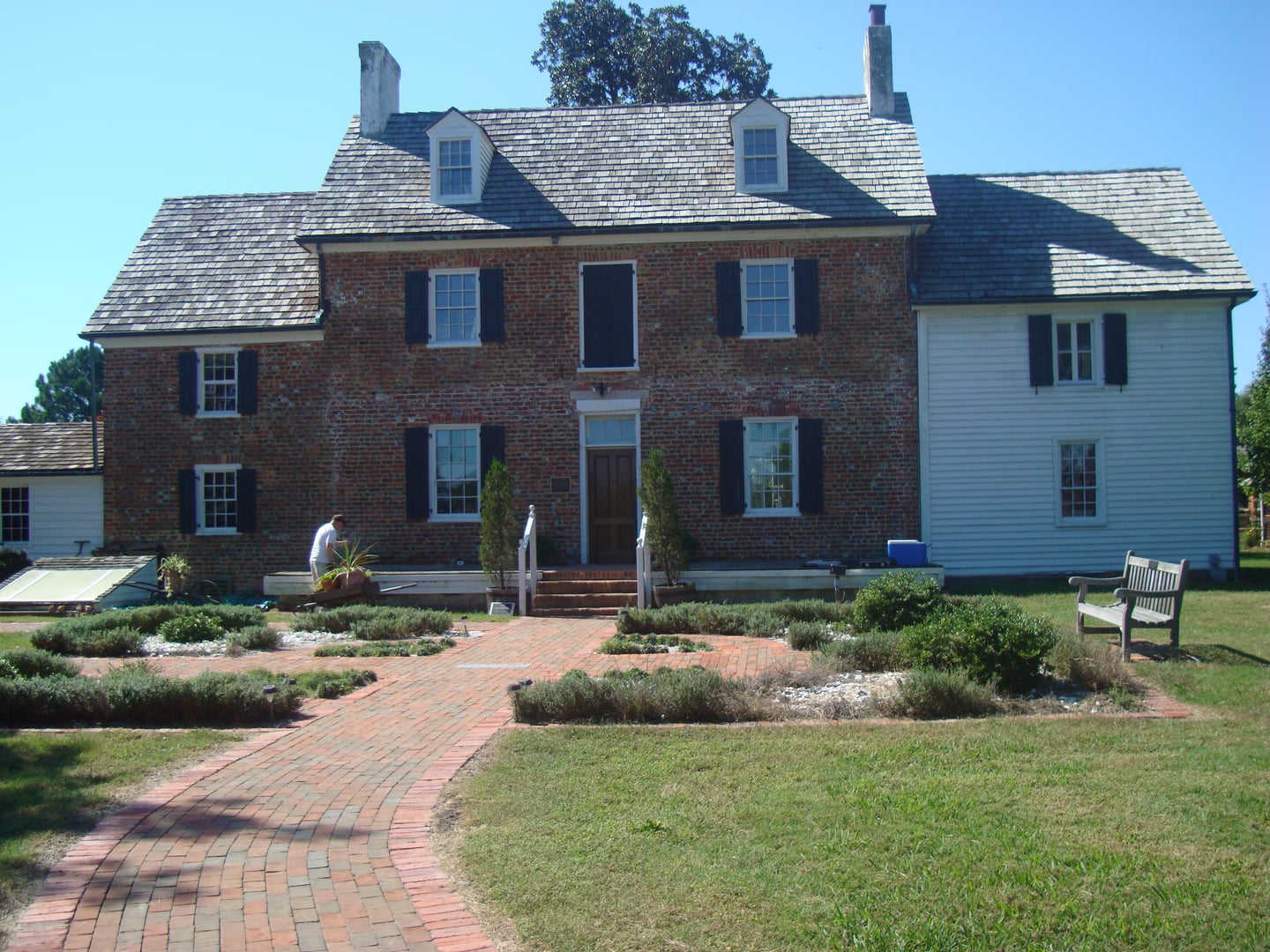 Front facade of Ferry Plantation House, an 1830 three-story brick museum in Virginia Beach, Virginia