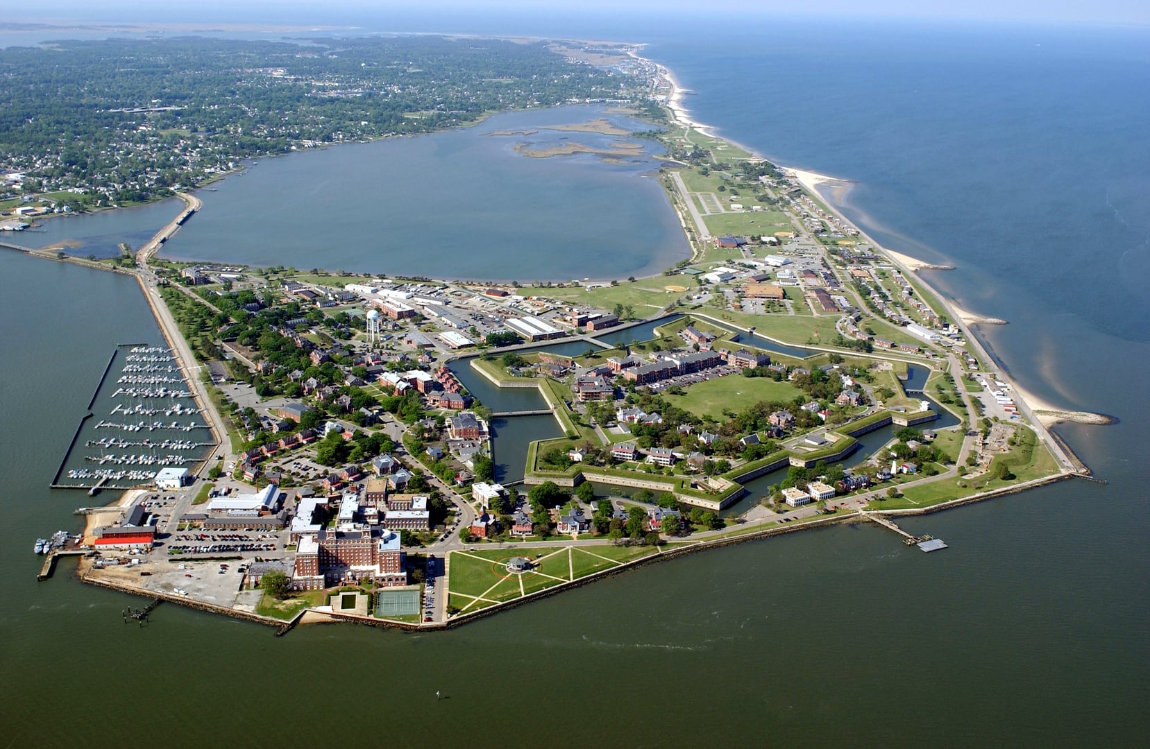 Aerial view of the stone walls and moat of Fort Monroe at Old Point Comfort, Hampton, Virginia
