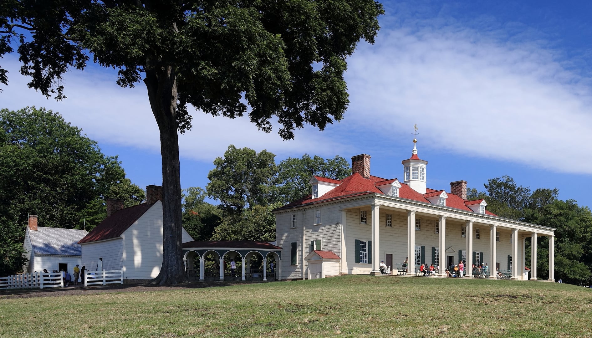 The Mount Vernon mansion's east facade, a white wood-frame Georgian house on the Potomac River