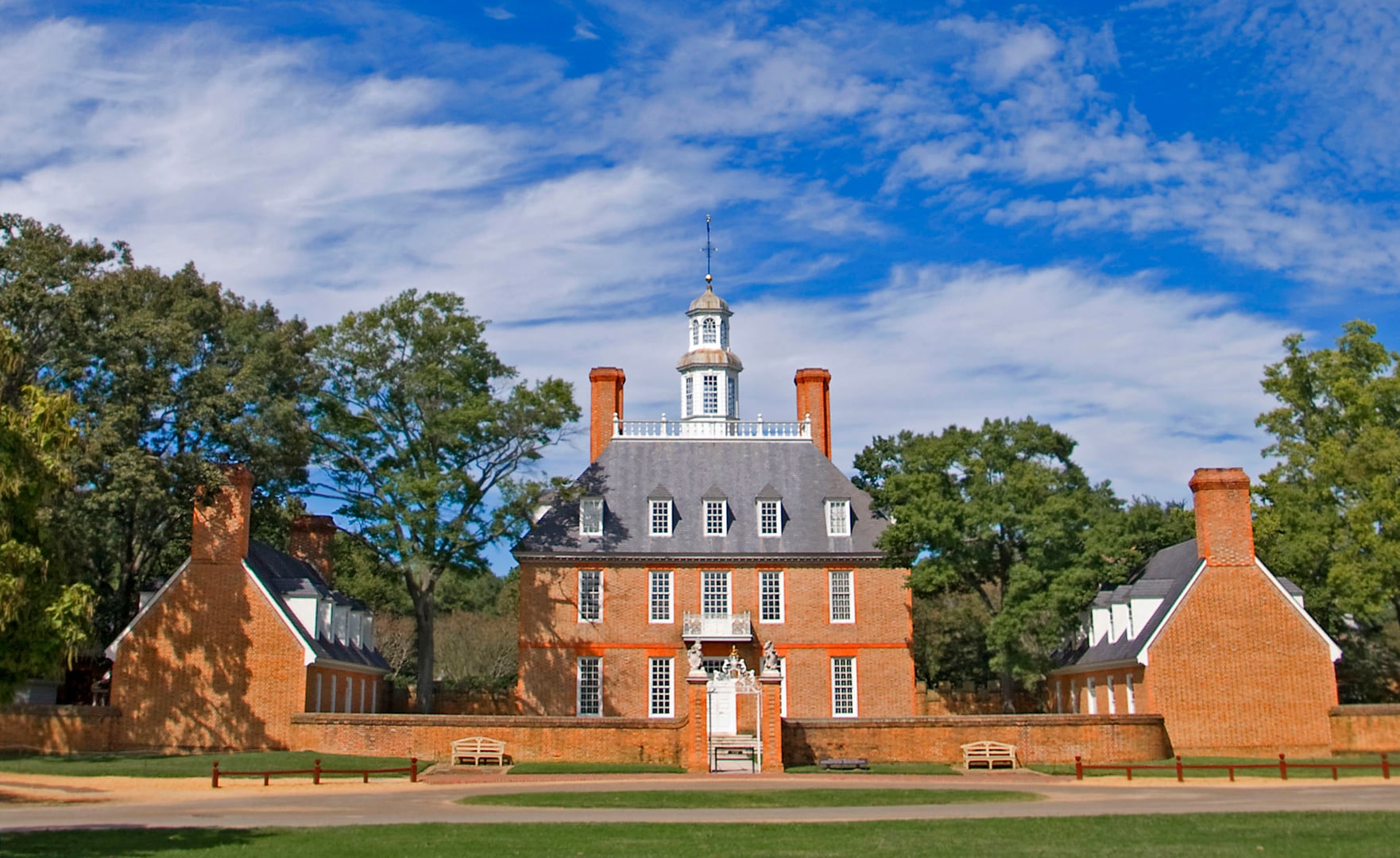 Front facade of the reconstructed Governor's Palace at Colonial Williamsburg, Virginia