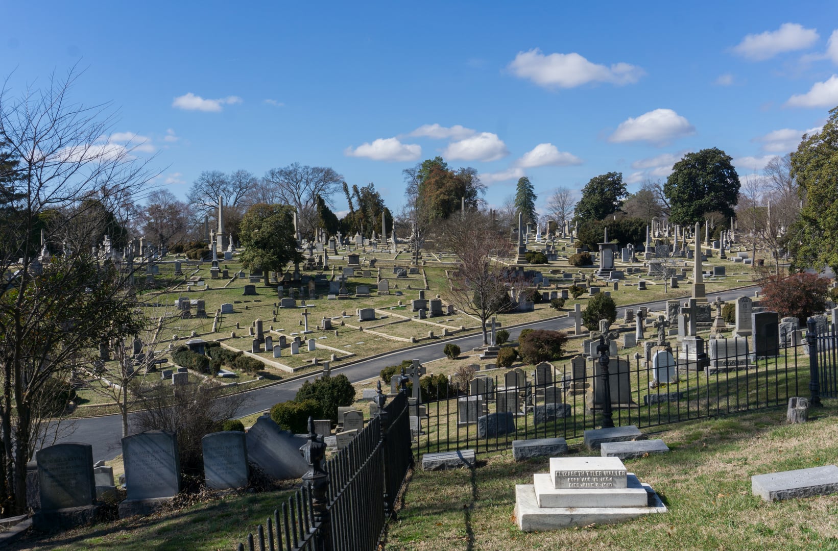 View across the historic rolling grounds of Hollywood Cemetery overlooking the James River in Richmond, Virginia.