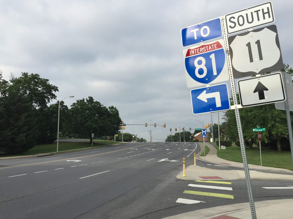 View south along U.S. Route 11 (Main Street) at Fairview Avenue in Harrisonburg, Virginia
