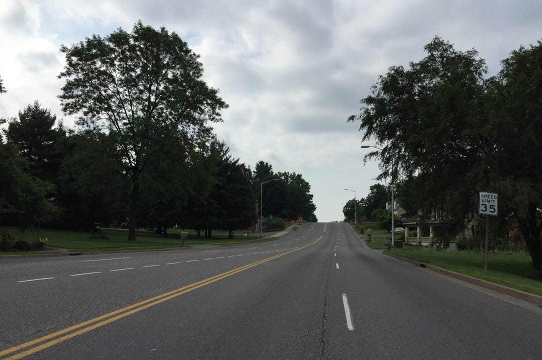 View east along Virginia State Route 253 (Port Republic Road) just east of U.S. Route 11 (Main Street) in Harrisonburg, Virginia