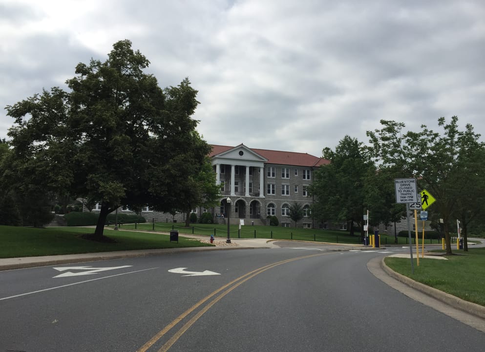 View south along Virginia State Route 331 (Bluestone Drive) just south of U.S. Route 11 (Main Street) at James Madison University in Harrisonburg, Virginia