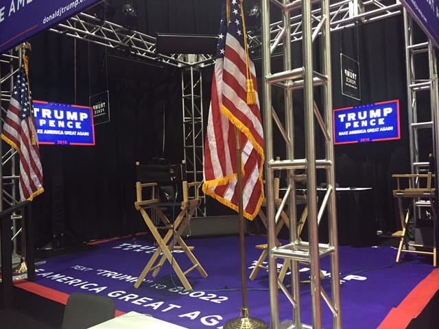 A Trump/Pence campaign interview location in "Spin Alley" near the stage for the vice-presidential debate in Farmville, Virginia.