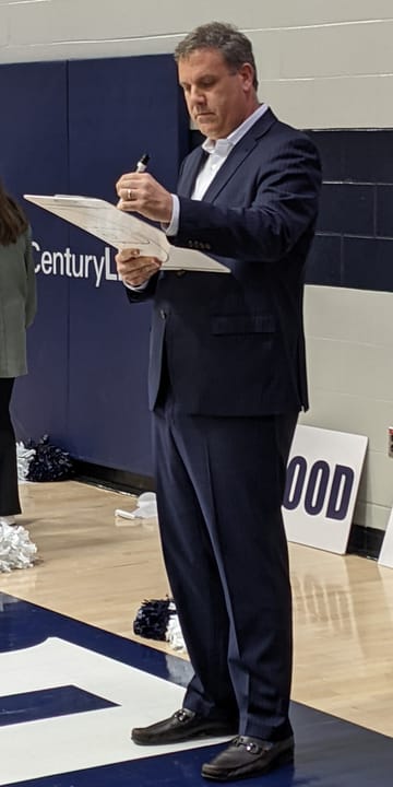 Longwood University head basketball coach Griff Aldrich, coaching at Willett Hall in Farmville, Virginia in February 2023.