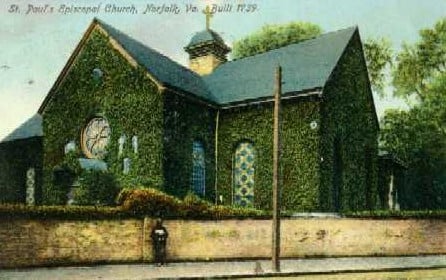 Historic 1907 view of St. Paul's Episcopal Church, the 1739 colonial-era brick church in downtown Norfolk, Virginia.