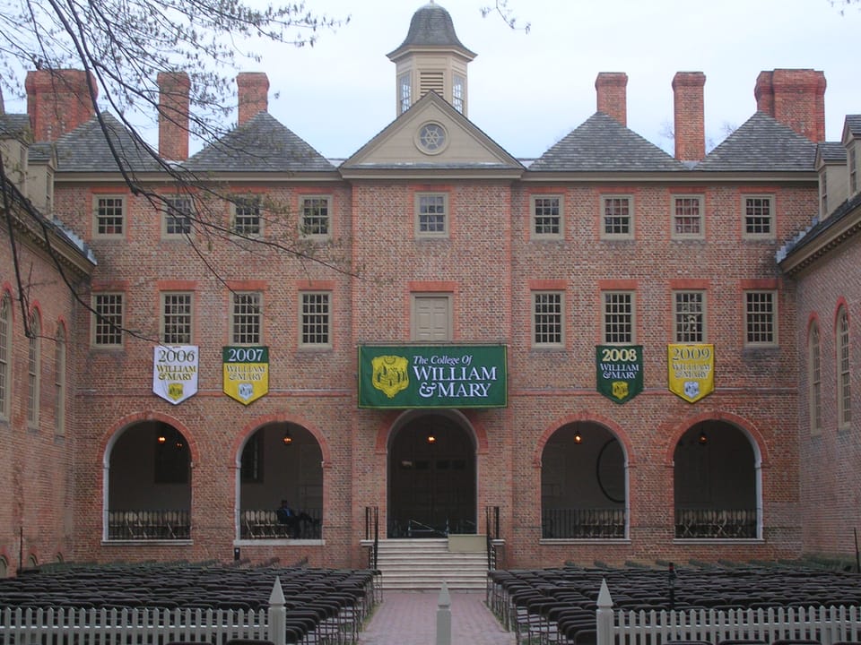 The Wren Building's rear courtyard facade, with its cupola and tall chimneys, College of William & Mary, Williamsburg, Virginia.