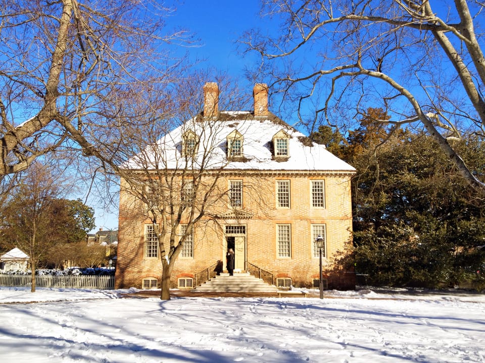 The 1732 President's House at the College of William & Mary, Williamsburg, Virginia, seen from the public grounds in winter.