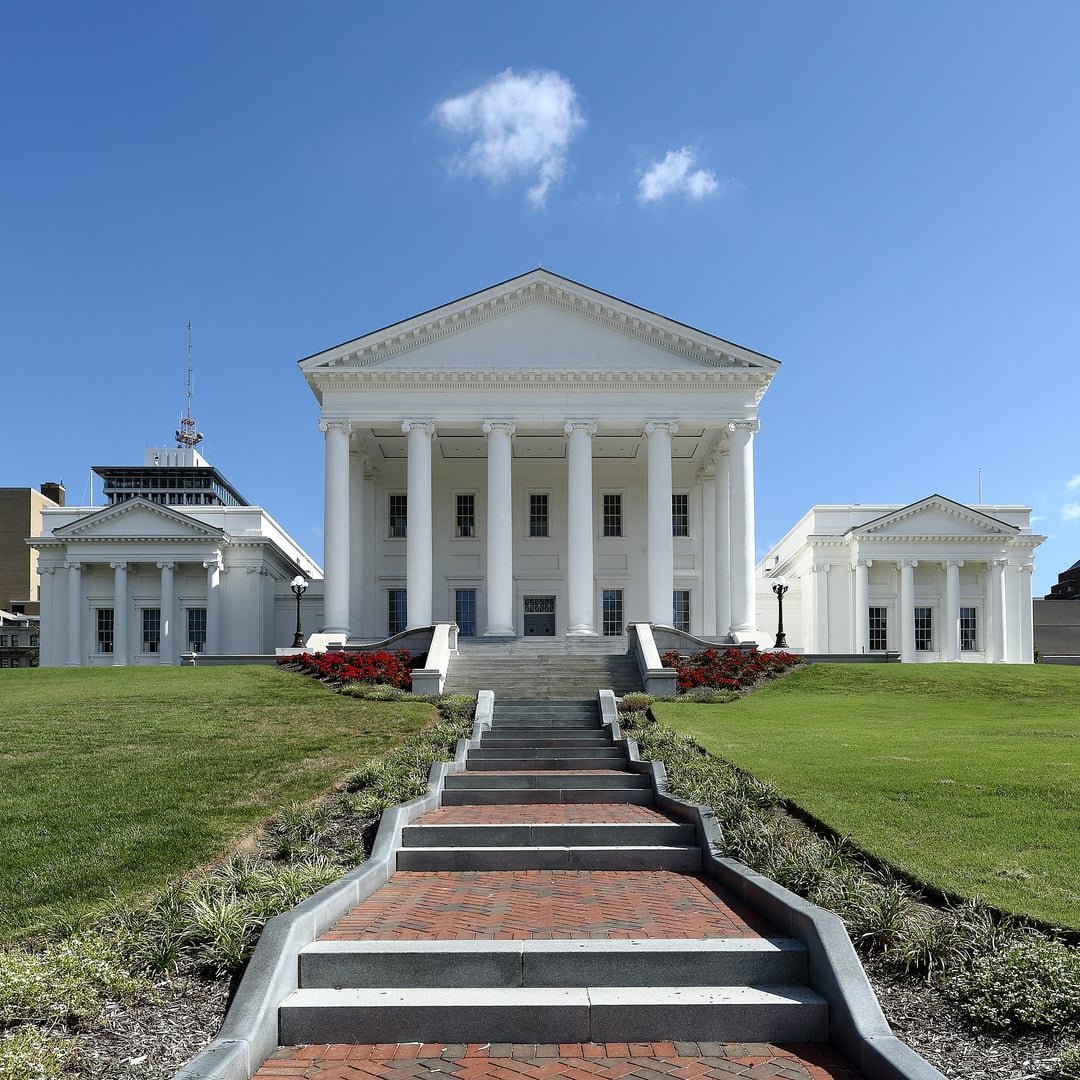 The Jefferson-designed neoclassical Virginia State Capitol on Capitol Square in Richmond, Virginia, photographed in late morning light