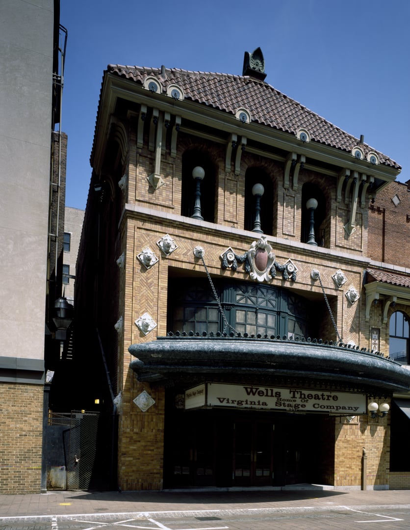 Beaux-Arts neoclassical facade of the 1913 Wells Theatre on East Tazewell Street in downtown Norfolk, Virginia.