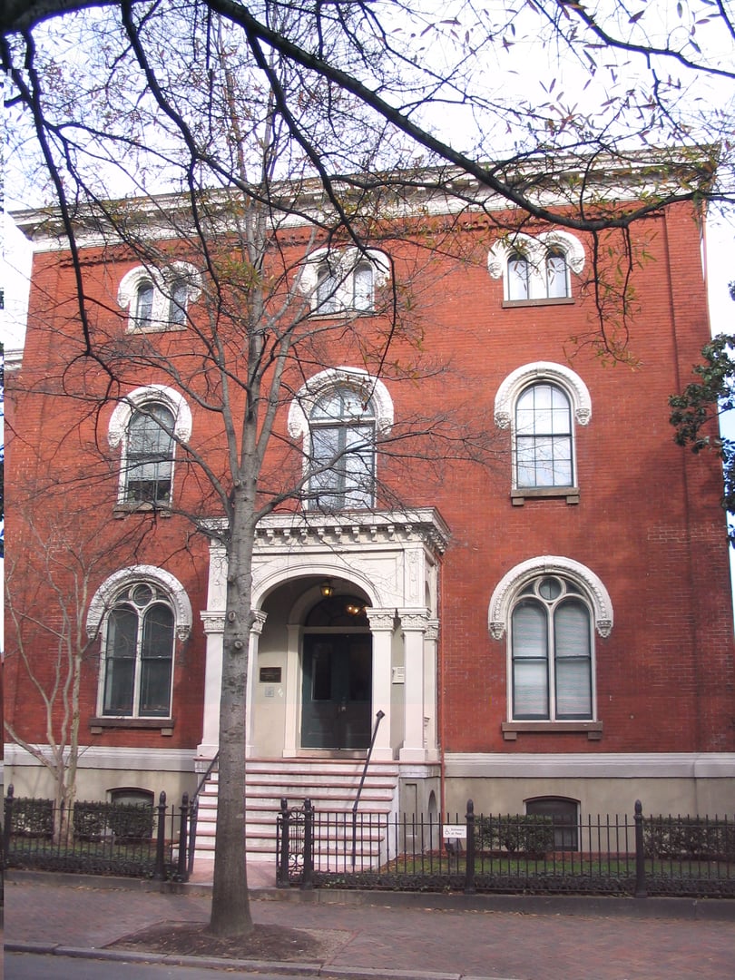 Exterior of the William H. Grant House at 1008 East Clay Street in Richmond, Virginia, an 1857 Italianate brick townhouse that served as Sheltering Arms Hospital from 1892 to 1965