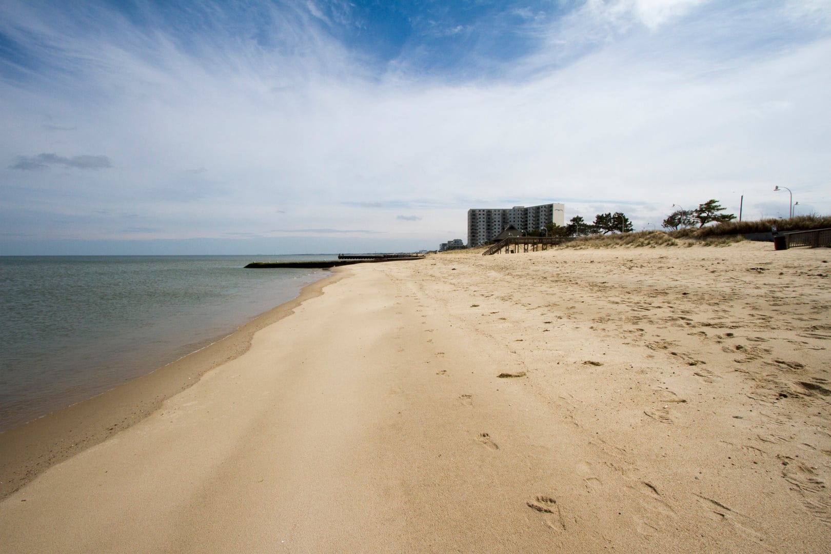 Chesapeake Bay beach along Willoughby Spit, a narrow Norfolk peninsula formed by 18th-century hurricanes