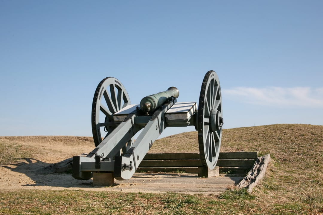 Yorktown Battlefield earthworks and cannon at the First Allied Siege Line, Colonial National Historical Park, Yorktown, Virginia