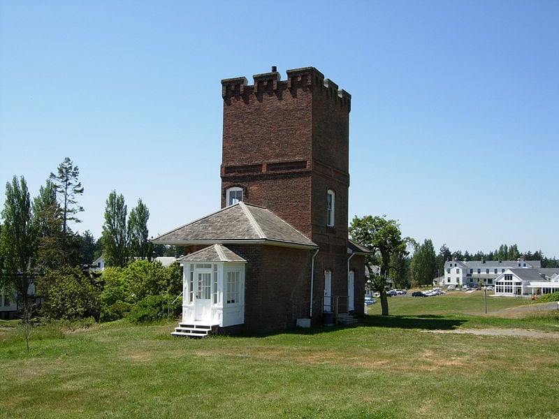 Brick tower residence of Alexander's Castle (1883), the oldest building at Fort Worden State Park, Port Townsend, Washington.