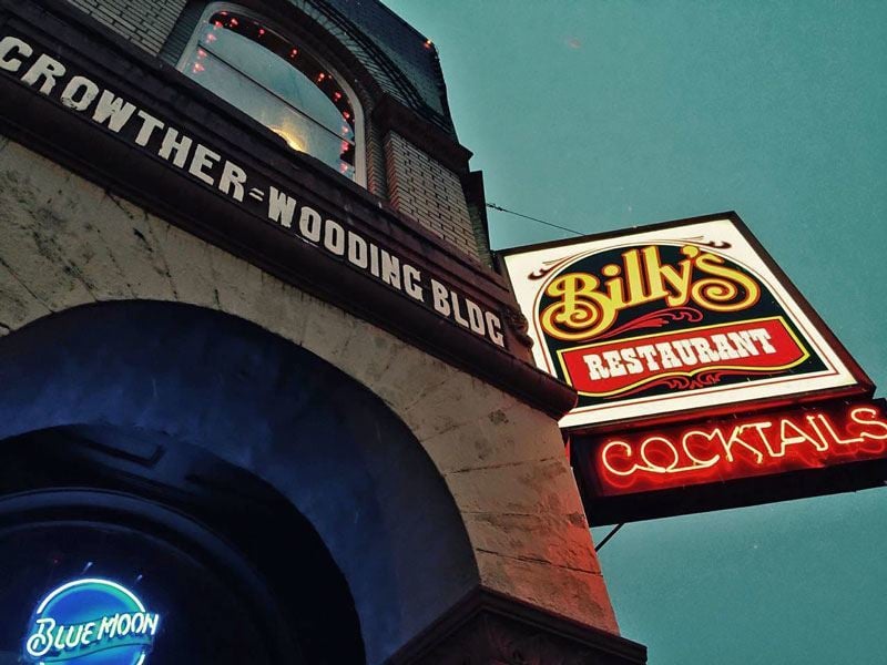 Exterior sign and storefront of Billy's Bar & Grill on East Heron Street in historic downtown Aberdeen, Washington
