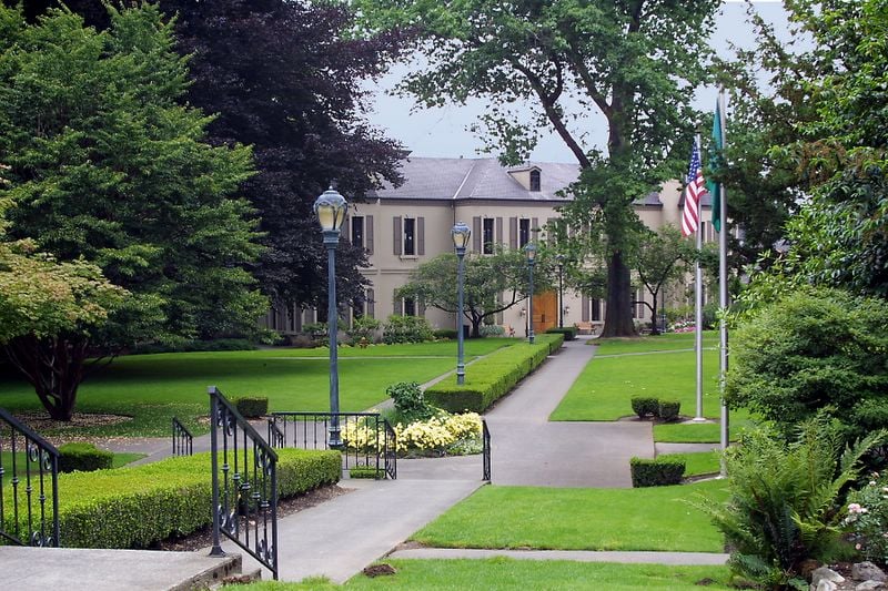 Manicured grounds of Chateau Ste. Michelle winery and historic Stimson Manor House in Woodinville, Washington