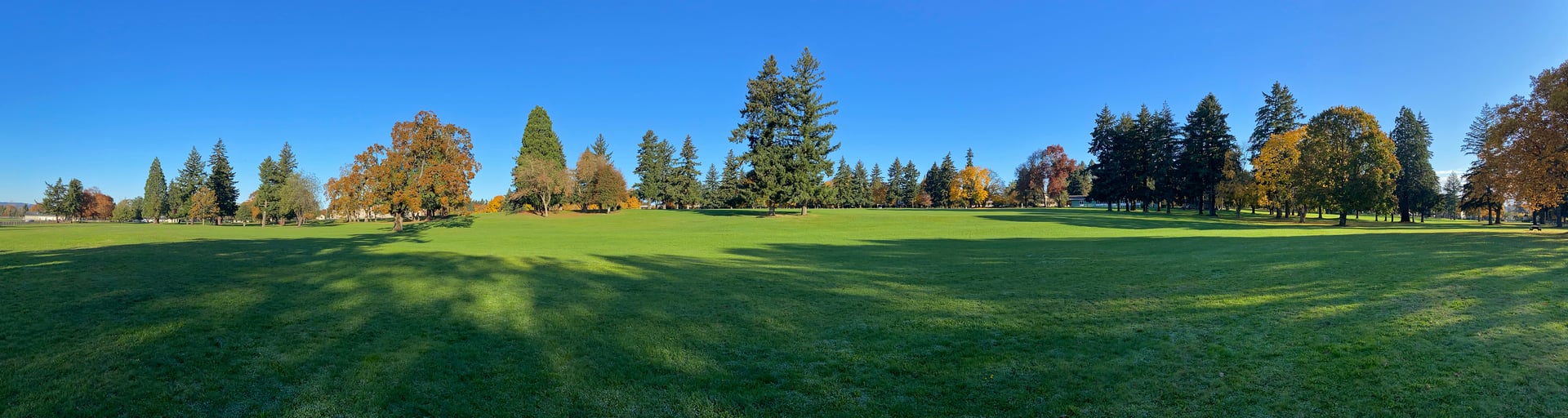 Panoramic view of the Fort Vancouver National Historic Site grounds in Vancouver, Washington, showing the reconstructed Hudson's Bay Company fort buildings