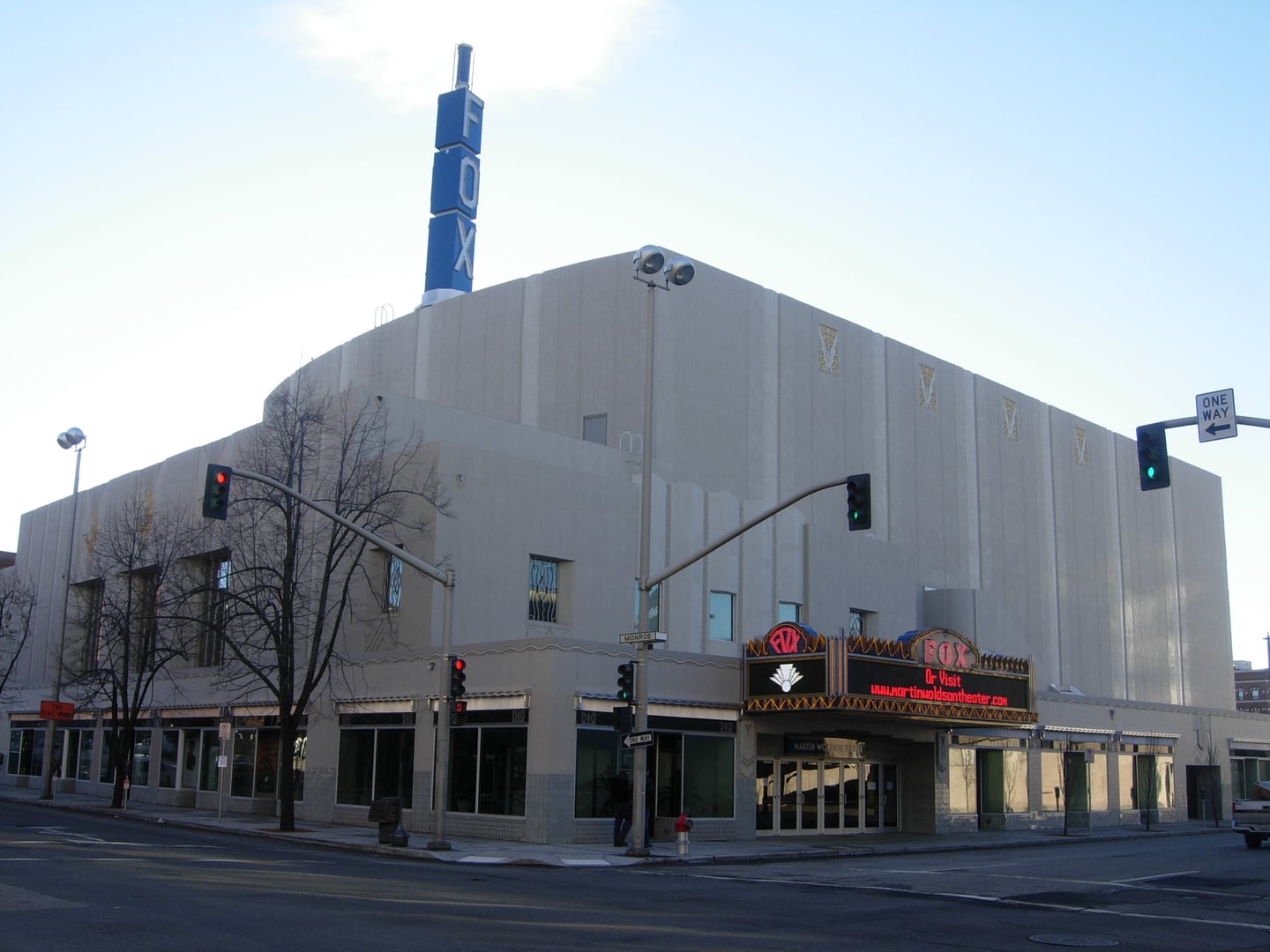 The Art Deco marquee and facade of the Fox Theater (Martin Woldson Theater at the Fox) on Sprague Avenue in downtown Spokane, Washington