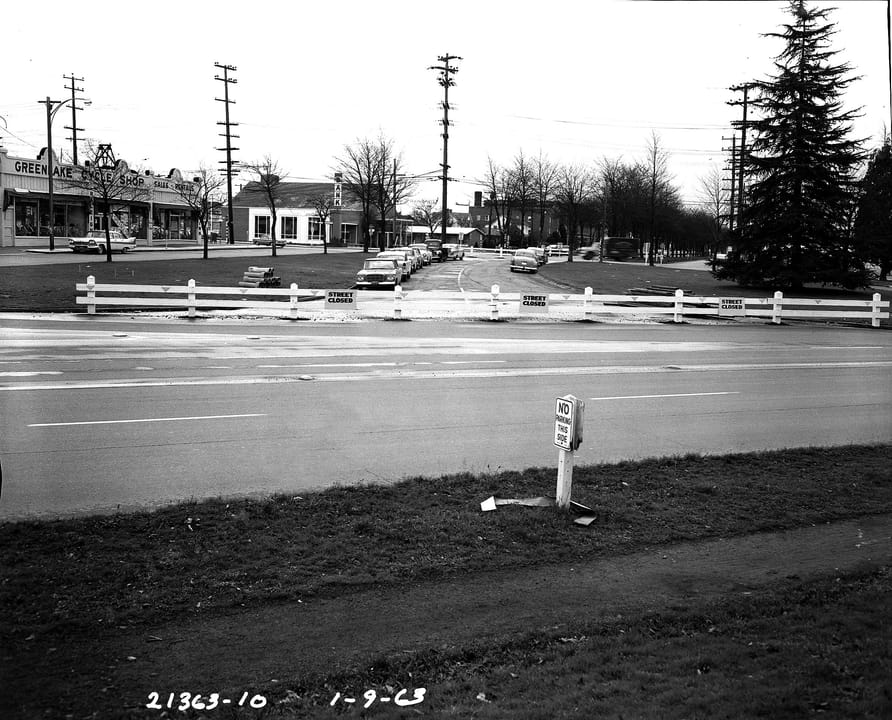 E. Green Lake Way (in foreground) and Ravenna Boulevard, Seattle, Washington, 1963. Looking roughly SSE. Greenlake Bicycle Shop is now Gregg's Greenlake Bicycles.