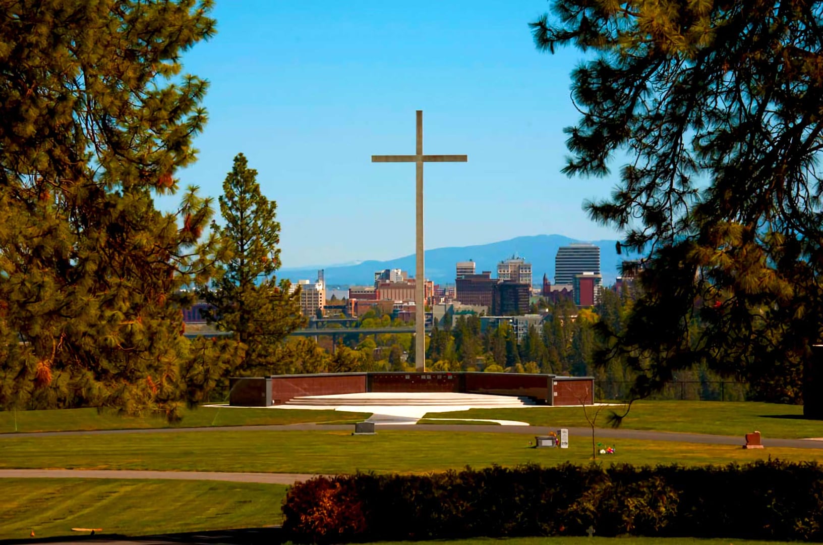 Sunrise vista across the terraced grounds of Greenwood Memorial Terrace cemetery in Spokane, Washington