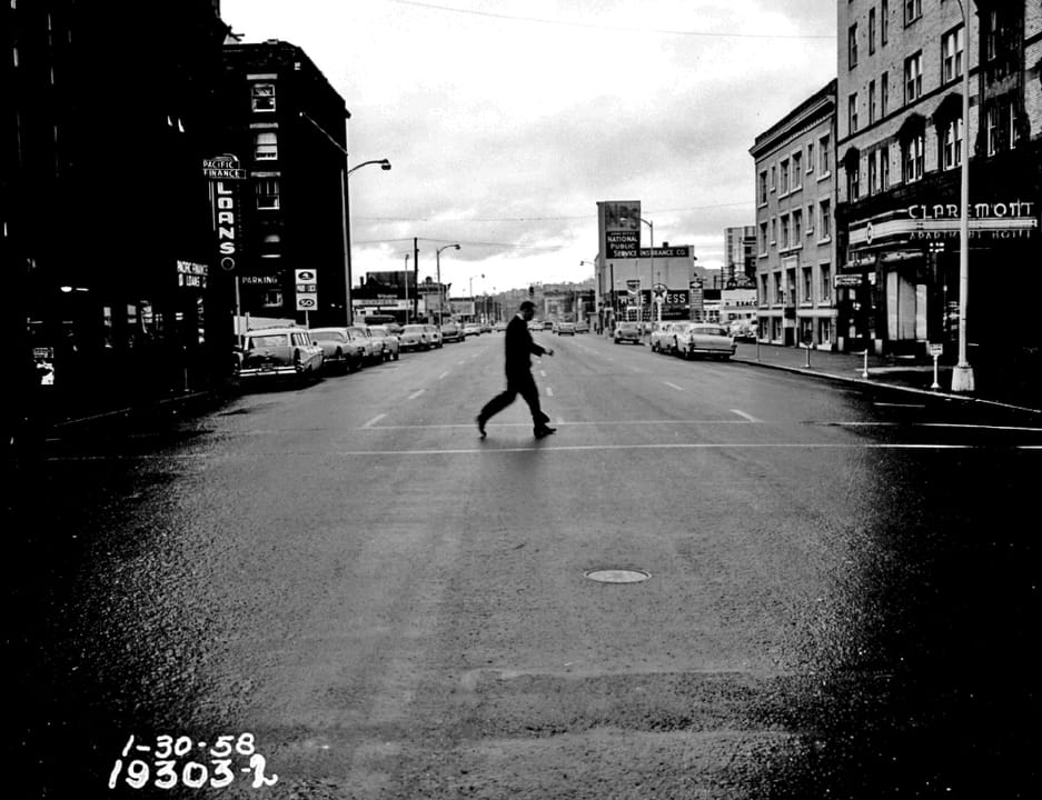 Looking north on Fourth Avenue from Virginia Street, Seattle, Washington, U.S., 1958.