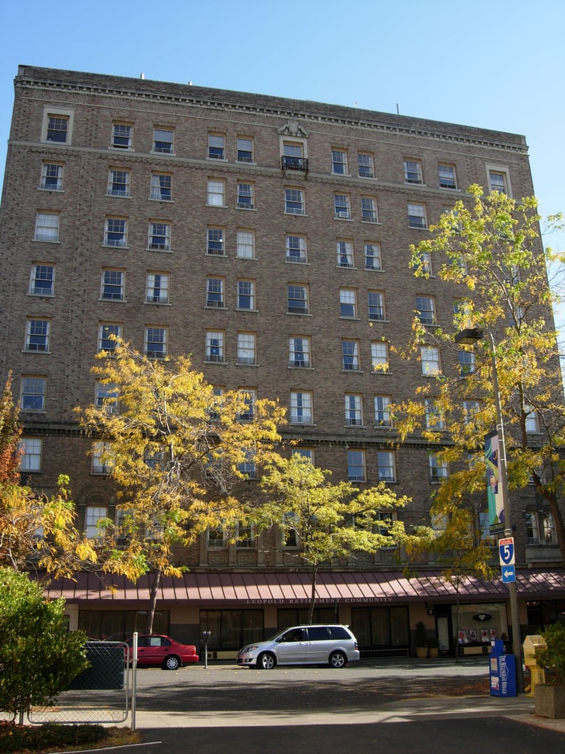 Exterior of the historic Leopold Hotel building at 1224 Cornwall Avenue in downtown Bellingham, Washington, now operating as Hotel Leo