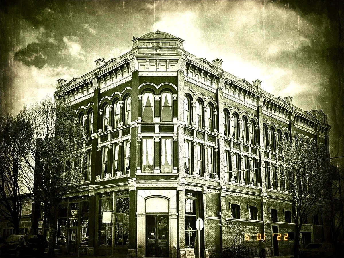 The historic 1889 N.D. Hill Building housing the Monarch Hotel in downtown Port Townsend, Washington
