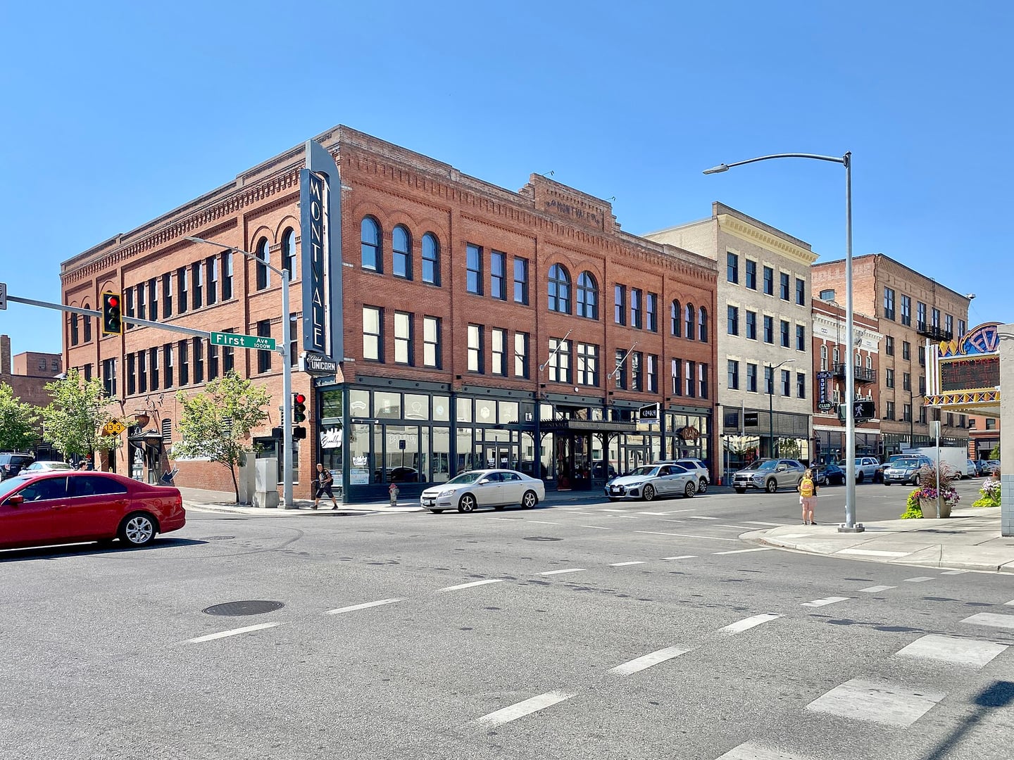 Romanesque Revival red-brick exterior of the 1899 Montvale Hotel at 1st Avenue and Monroe Street in downtown Spokane, Washington