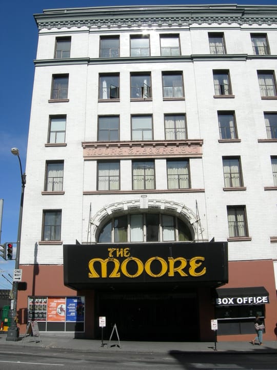 The 1907 Moore Theatre and Hotel at 2nd Avenue and Virginia Street in downtown Seattle, the city's oldest still-operating theater.