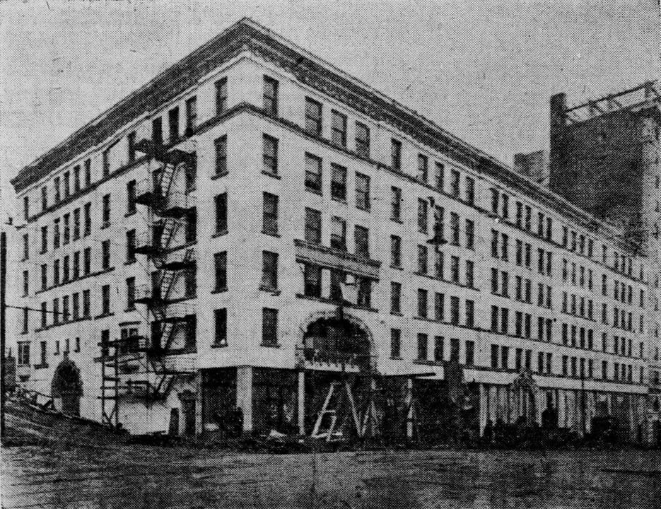 The newly built Moore Theatre and Hotel days before its December 28, 1907 opening night, before the marquee was installed; published in The Oregonian, January 5, 1908.