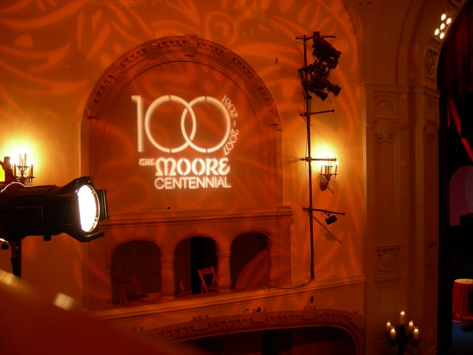 The stage-right boxes of the Moore Theatre auditorium, lit for the venue's 100th-anniversary open house, Seattle, Washington, December 2007.
