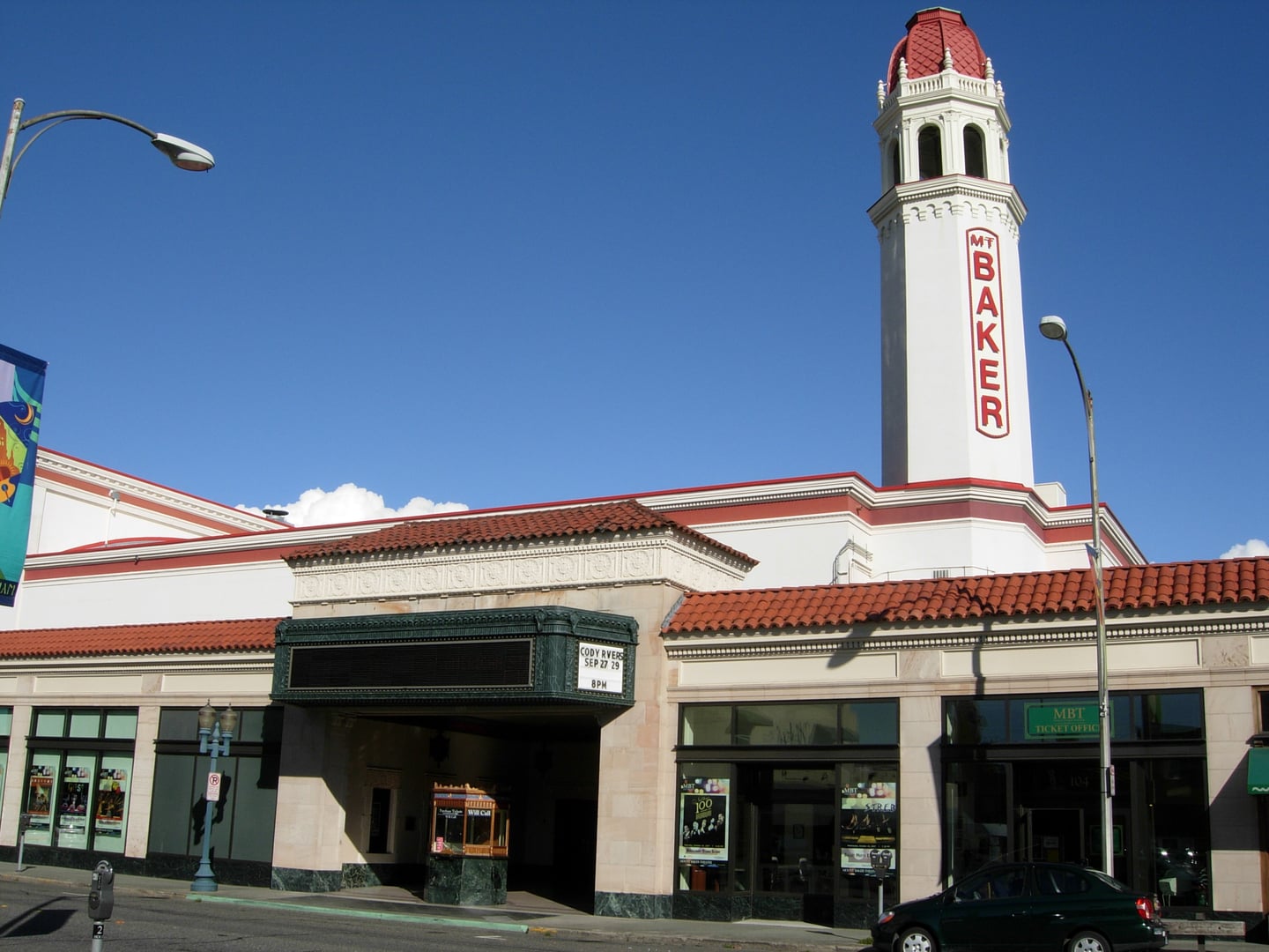 Exterior of Mount Baker Theatre at 104 N Commercial Street in downtown Bellingham, Washington, showing the 1927 Moorish-Spanish Revival facade