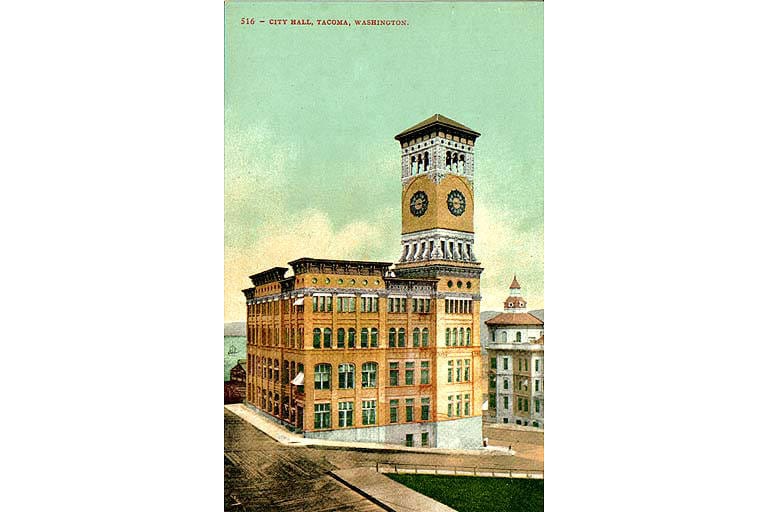 Old City Hall Tacoma at 625 Commerce Street, an 1893 Italian Renaissance Revival building with clock tower in downtown Tacoma, Washington