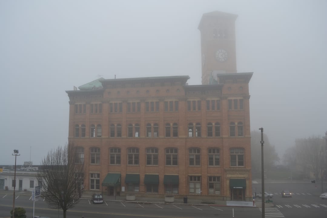 Old City Hall, Tacoma, Washington, rising out of fog, December 2011.